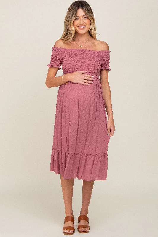 Women's Activewear Outfit Mauve Off Shoulder Smocked Maternity Midi Dress