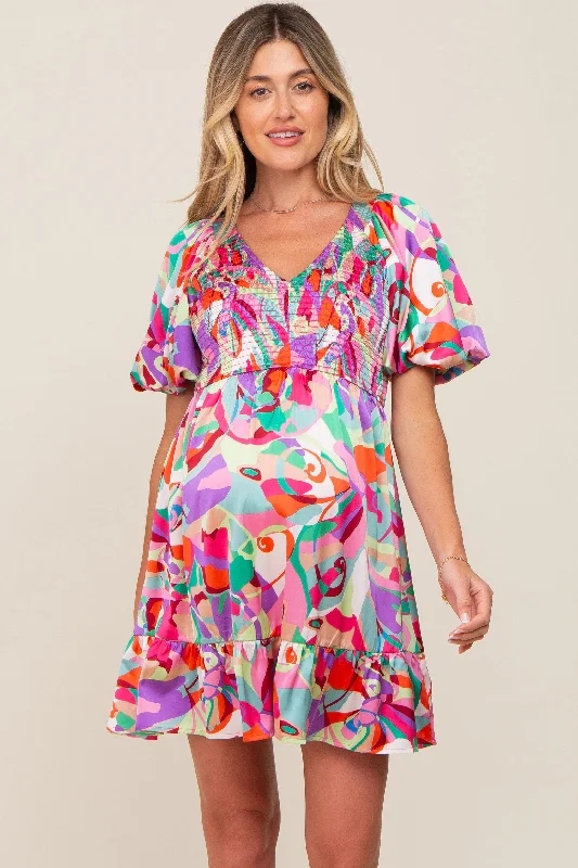 Stylish Women's Attire Multi-Color Satin Smocked V-Neck Maternity Dress