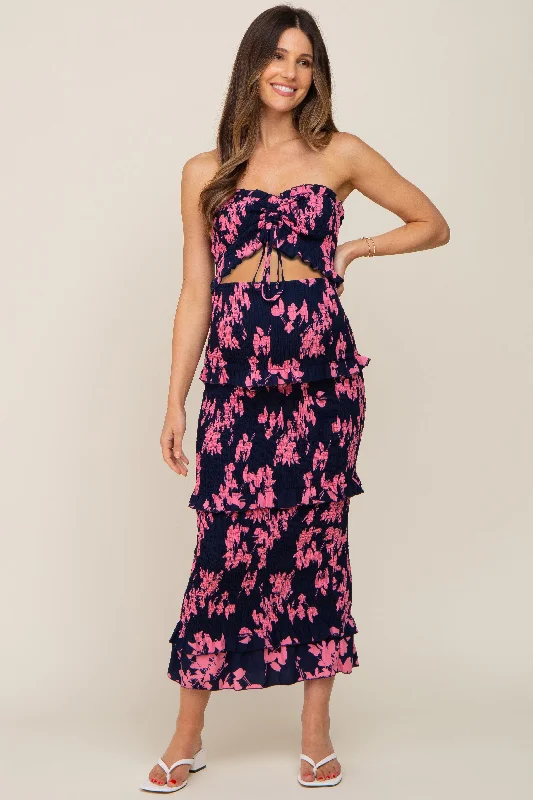 Women's Trendy Attire Navy Blue Floral Smocked Drawstring Front Cutout Ruffle Trim Maternity Midi Dress