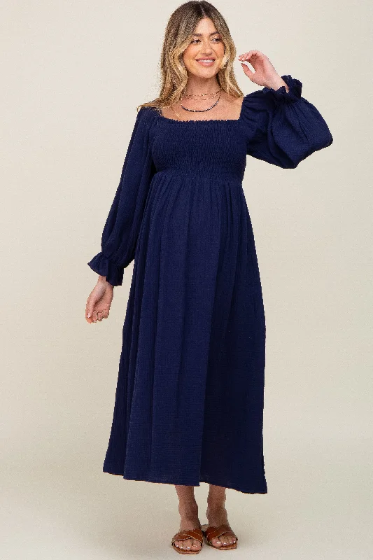 Women's Vacation Garments Navy Gauze Smocked Maternity Midi Dress