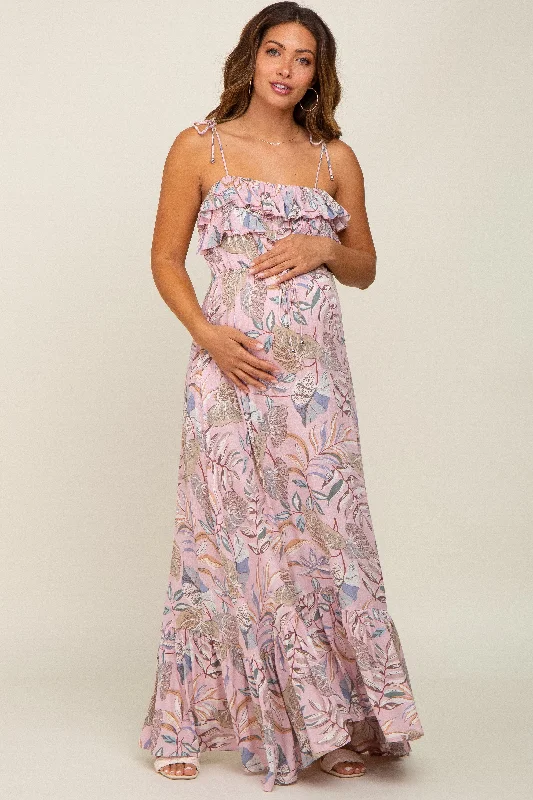 Women's Clothes For Outdoor Events Pink Floral Ruffle Top Back Cutout Maternity Maxi Dress