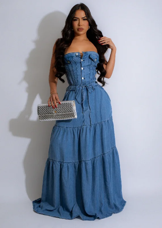 Women's Date Night Outfit Prairie Dreams Maxi Dress Light Denim