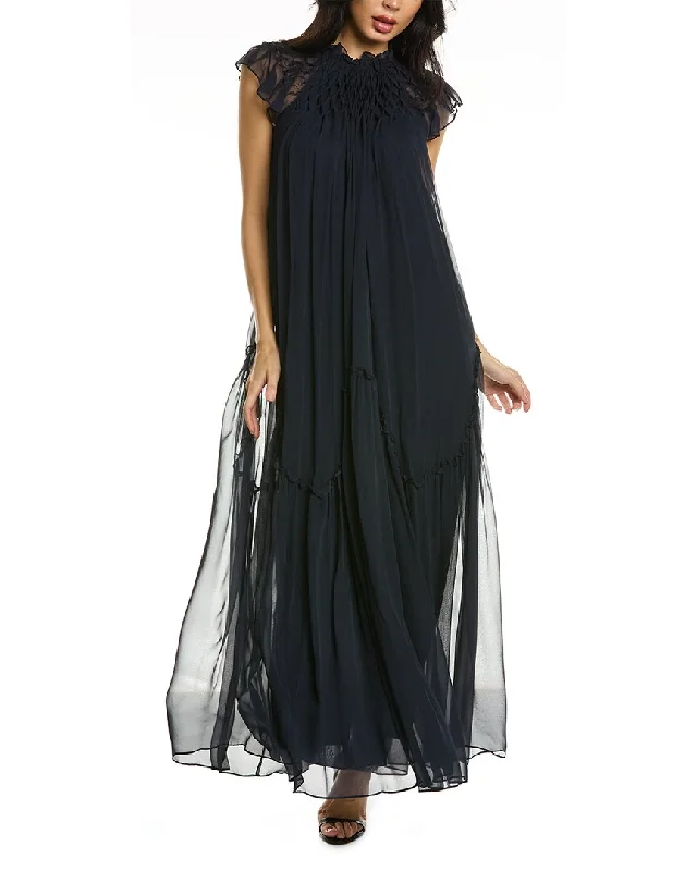 Women's High-Fashion Apparel Rebecca Taylor Smocked Chiffon Silk Maxi Dress