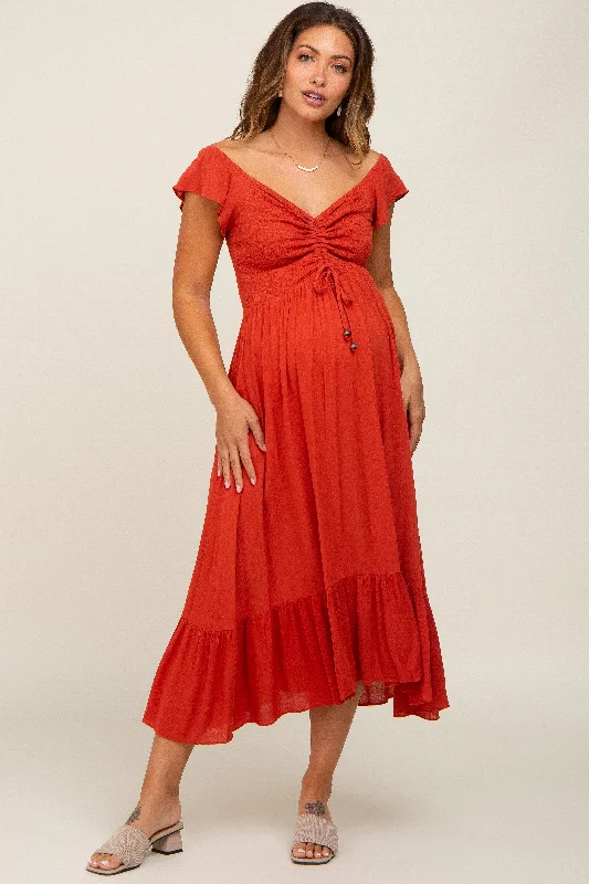 Women's Travel Apparel Rust Smocked Ruched Ruffle Hem Maternity Maxi Dress