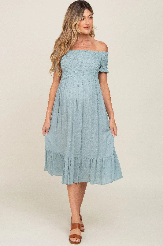 Women's Plus-Size Garments Sage Off Shoulder Smocked Maternity Midi Dress