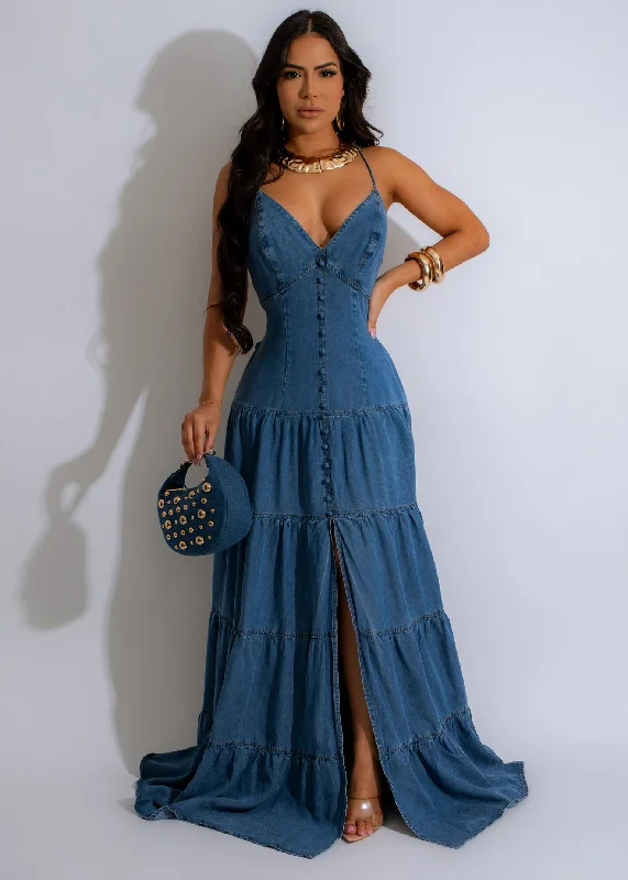 Women's Evening Garments Sweet Girl Denim Maxi Dress Dark Denim