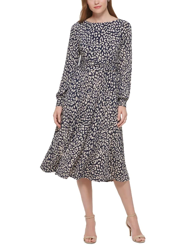 Women's Vintage-Inspired Outfit Womens Leopard Print Ruched Midi Dress