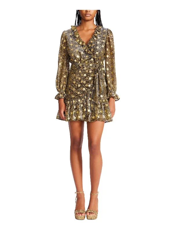 Women's Professional Clothes Womens Metallic Mini Wrap Dress