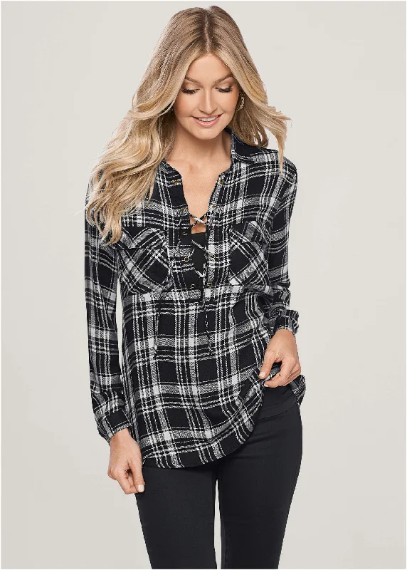 Timeless Women's Garments Plaid Lace-Up Top - Black Multi