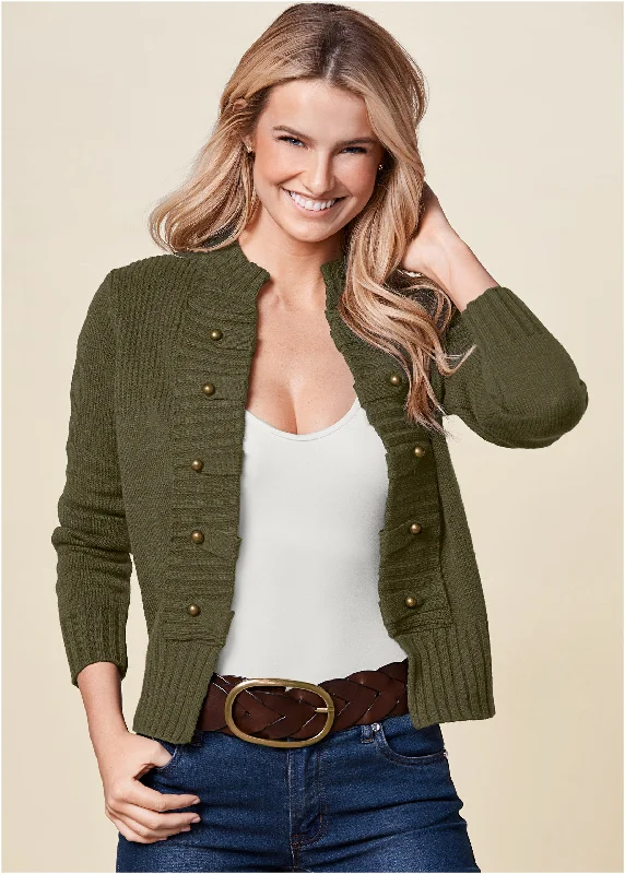 Women's High-Fashion Attire Tab Button Detail Cardigan - Olive