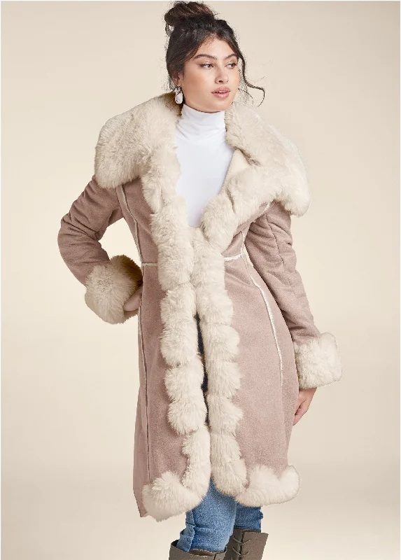 Women's Holiday Clothing Faux-Suede-And-Fur Coat - Taupe & Off White