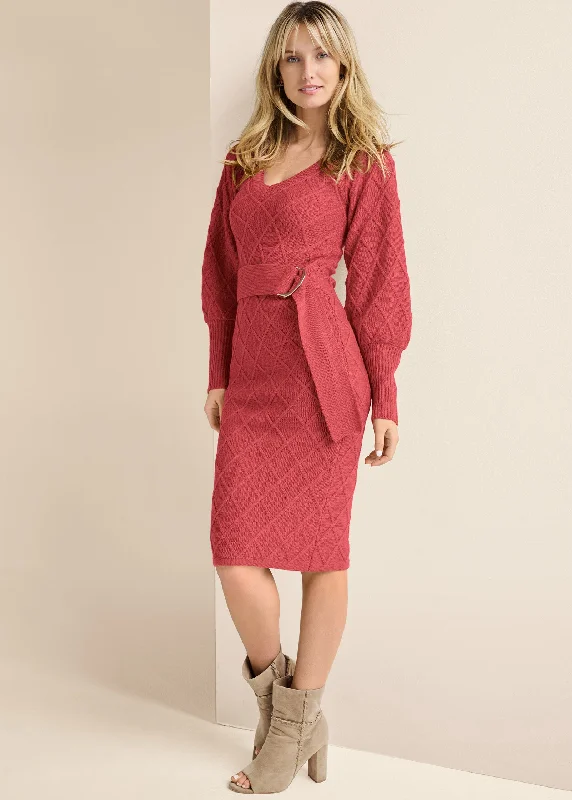 Women's Stylish Outdoor Outfit Belted Midi Sweater Dress  - Baked Apple