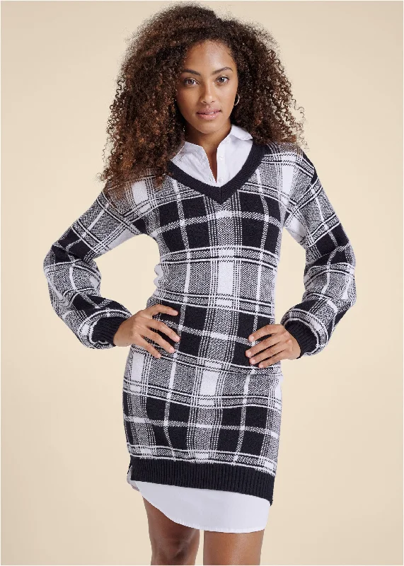 Charming Women's Garments Plaid Layered Sweater Dress - White & Black