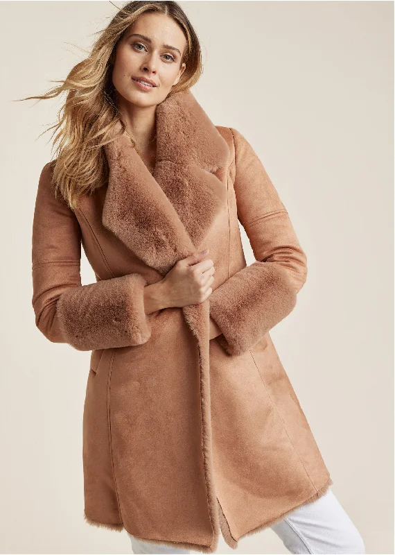 Women's Occasion Wear Clothing Faux Fur And Suede Coat - Camel