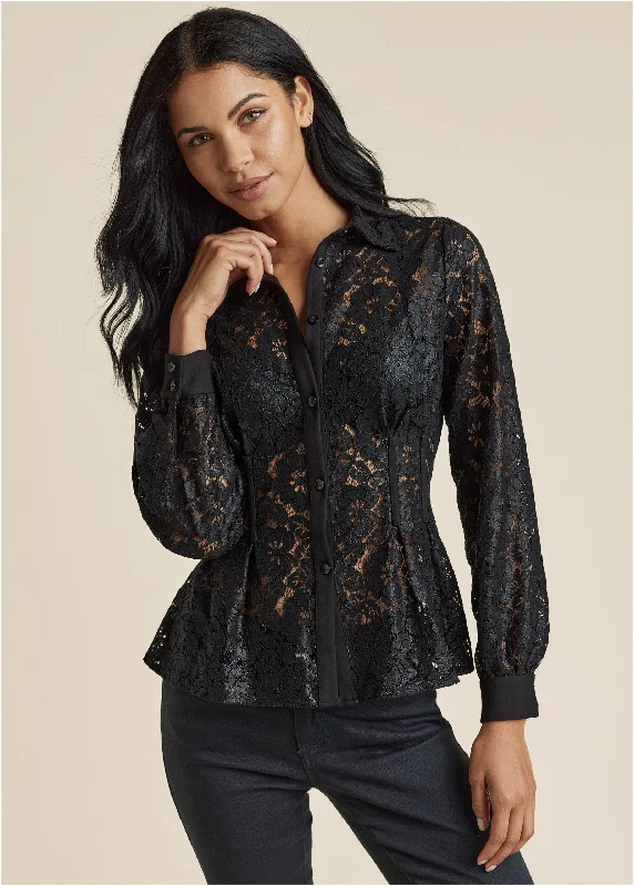 Stylish Women's Apparel Lacquered Lace Top - Black