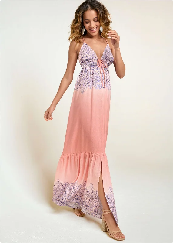 Classic Women's Apparel Printed Linen Plunge Dress - Blush Multi