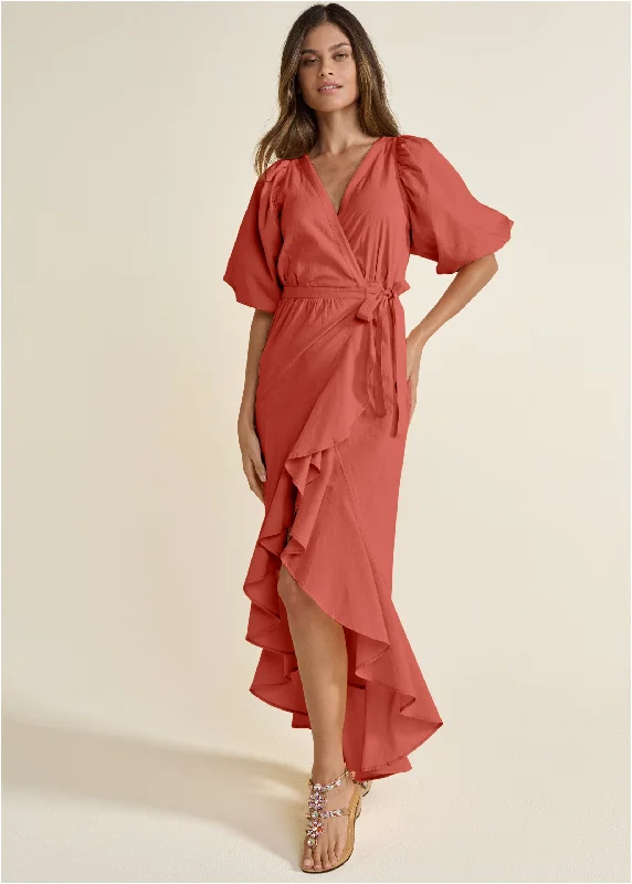 Women's Comfortable Lounge Attire Ruffle Wrap Maxi Dress - Burnt Orange