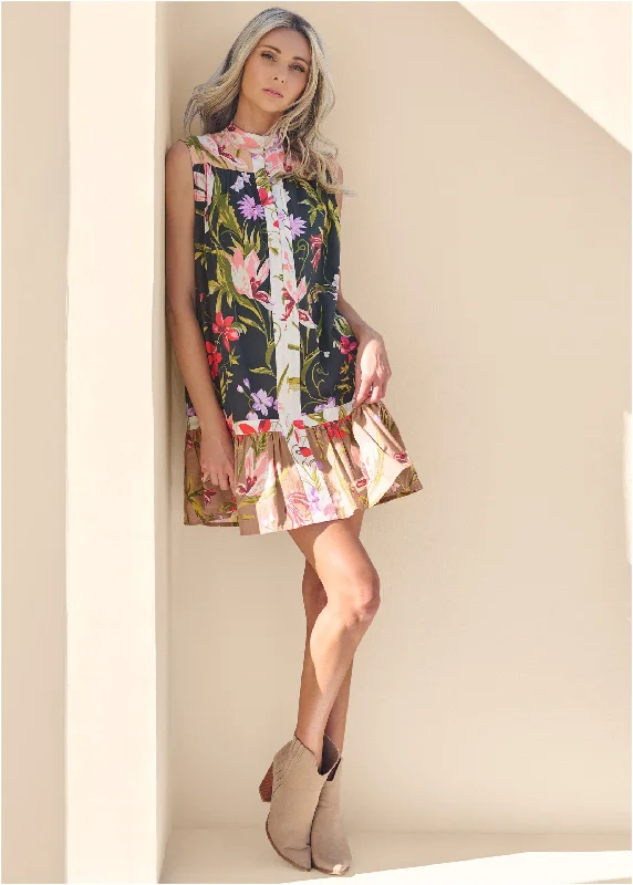 Casual Outfit For Women Ruffle Hem Shirt Dress - Black Multi