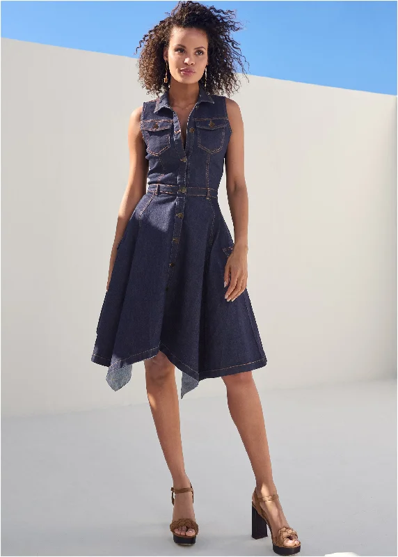 Women's Active Outfit For Fitness Button-Front Denim Dress - Indigo Blue