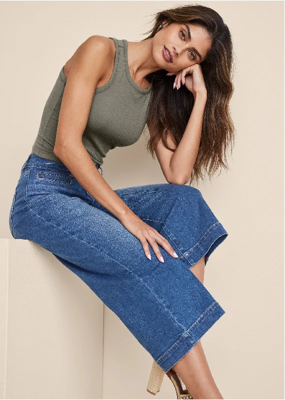 Women's Casual Wear Outfit Sophia Wide Leg Crop Jeans - Medium Wash