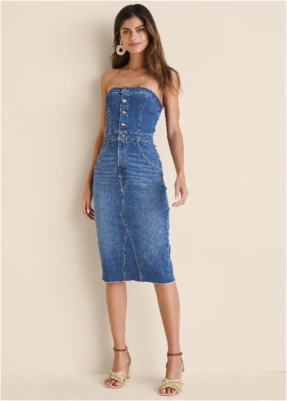 Women's Luxury Apparel Denim Strapless Dress - Medium Wash
