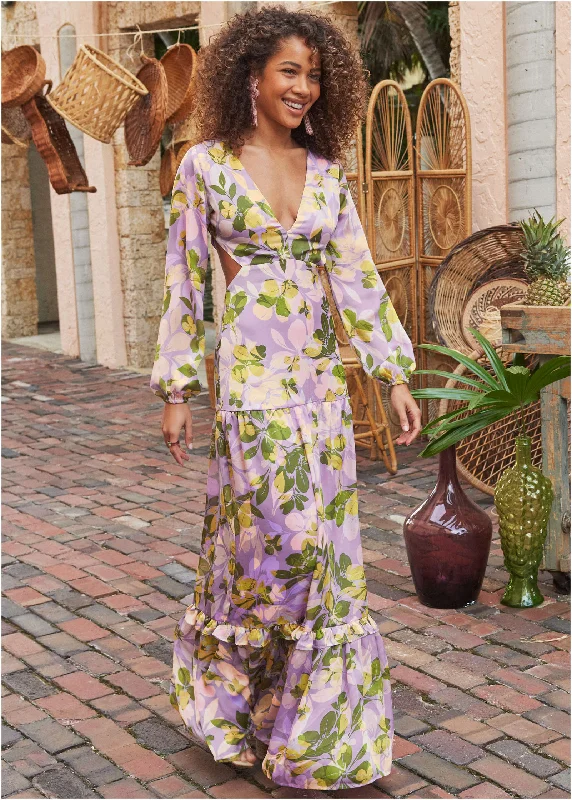 Women's Chic Outfit Sherbet Satin Maxi Dress - Fathoms Below Floral