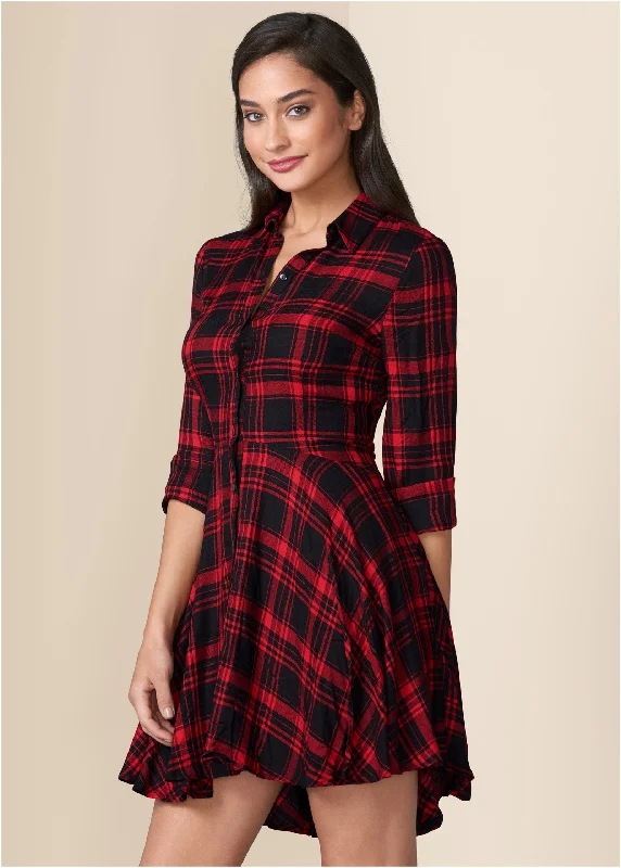 Comfortable Outfit For Women Plaid High Low Dress - Red Multi