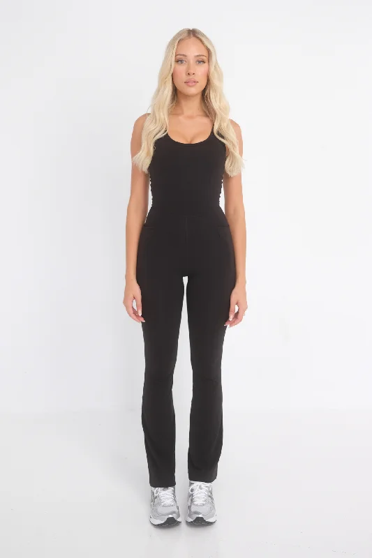 Women's Chic Outfit Breathe Flare Pocket Bodysuit - Black